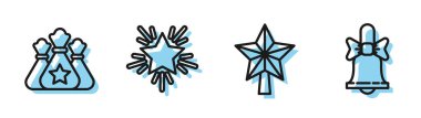 Set çizgisi Noel yıldızı, Noel Baba çantası hediyesi, Noel yıldızı ve mutlu Noeller zil ikonu. Vektör
