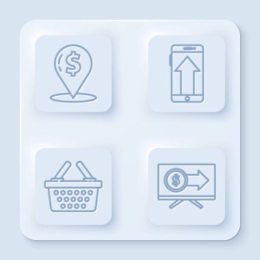 Hat Cash lokasyon şifresi, akıllı telefon, cep telefonu, alışveriş sepeti ve dolar ile monitör ayarlayın. Beyaz kare düğme. Vektör