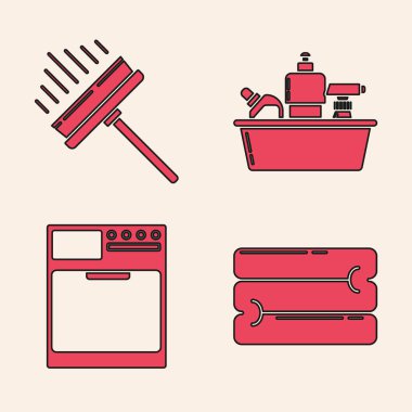 Havlu yığını, silecek, kazıyıcı, silecek sıvı bulaşık deterjanı ve çamaşır makinesi ikonu için plastik şişeleri hazırlayın. Vektör