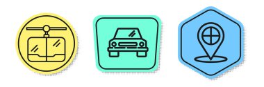 Kablolu TV, araba ve taksi ile harita işaretleyicisini ayarla. Renkli şekiller. Vektör