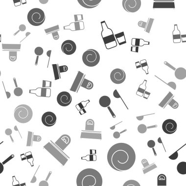 Cam şişeyi süt ve camla hazırla, çöreği tarçınla yuvarla, kaşığı ve pulu dikişsiz desen ile ölç. Vektör