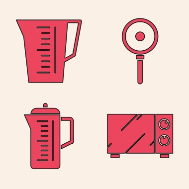 Mikrodalga fırın, ölçü kabı, kızartma tavası ve çaydanlık simgesini ayarla. Vektör
