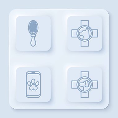 Köpek ve kedi için çizgi saç fırçası, veteriner kliniği sembolü, çevrimiçi veterinerlik kliniği sembolü ve veterinerlik kliniği sembolü. Beyaz kare düğme. Vektör