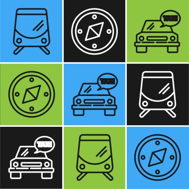 Tramvay, tren yolu, taksi ve pusula ikonu ayarlayın. Vektör