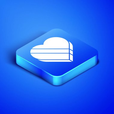 Kalp şeklindeki Isometric Candy mavi arka planda izole edilmiş kutu simgesi. Sevgililer Günü. Mavi kare düğme. Vektör İllüstrasyonu