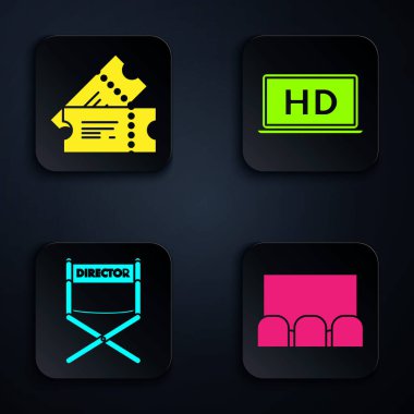 Sinema salonunu ekran ve koltukları, sinema biletini, yönetmen koltuğunu ve bilgisayar ekranını HD video teknolojisiyle ayarla. Siyah kare düğme. Vektör