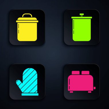 Tost makinesi, tencere, fırın eldiveni ve tencere. Siyah kare düğme. Vektör