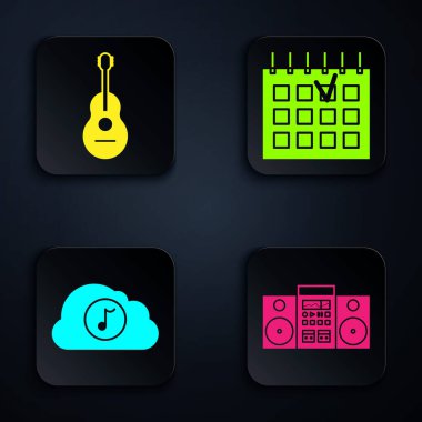 Ev teybini iki hoparlörle ayarla, Gitar, Müzik Yayını ve Detaylı Takvim. Siyah kare düğme. Vektör