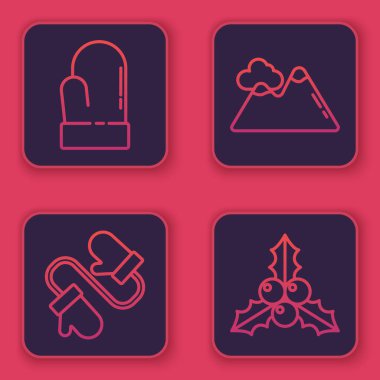 Sıraya dizilmiş Noel eldiveni, bir çift örgü Noel eldiveni, Dağlar ve Dallı viburnum veya guelder gülü. Mavi kare düğme. Vektör