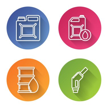 Benzin için teneke kutu, motor yağı için teneke kutu varil yağı ve benzin pompası enjektörü. Renkli daire düğmesi. Vektör