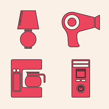 Uzaktan kumandayı, masa lambasını, saç kurutma makinesini ve cam demlik ikonlu kahve makinesini ayarlayın. Vektör
