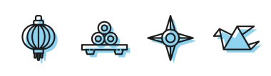 Japon ninja shuriken, Japon kağıt feneri, kesme tahtasında suşi ve Origami kuş simgesi. Vektör