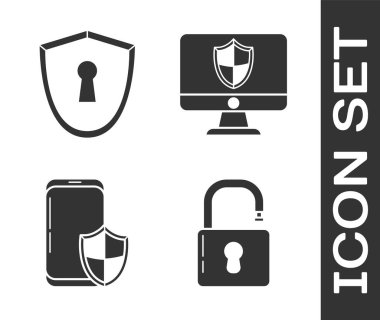 Kilidi aç, kalkanı anahtar deliğiyle, akıllı telefonu güvenlik kalkanıyla ve bilgisayar monitörüyle ve kalkan simgesiyle ayarla. Vektör