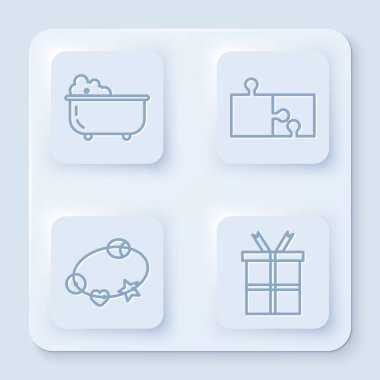 Sıra bebek küveti, yapboz parçası, oyuncak bebek ve hediye kutusu. Beyaz kare düğme. Vektör