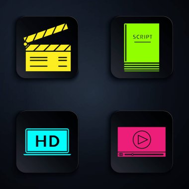Online oyun videosu, film alkışları, HD video teknolojisi ve senaryosu olan dizüstü bilgisayar ekranı ayarla. Siyah kare düğme. Vektör