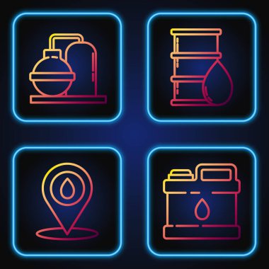 Motor yağı, yakıt ikmali, petrol ve gaz sanayi fabrikası ve varil yağı için boru hattı kurun. Renk simgeleri. Vektör