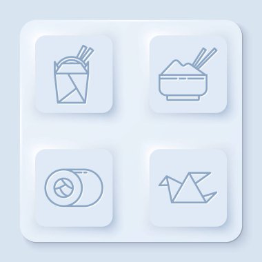 Karton kutu ve yemek çubuklarında Asya eriştesi, çubuklu pilav, suşi ve Origami kuşu. Beyaz kare düğme. Vektör