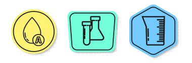 Hattı kurun. Su damlası, deney tüpü ve matara kimyasalı ve laboratuvar bardağı ya da deney şişesi. Renkli şekiller. Vektör