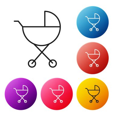 Siyah çizgi bebek arabası simgesi beyaz arkaplanda izole edildi. Bebek arabası, at arabası, bebek arabası, bebek arabası, tekerlek. Renkli daire düğmelerini ayarlayın. Vektör İllüstrasyonu