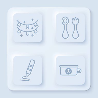 Bayraklı karnaval çelengi çatal ve kaşıklı bebek çatal bıçak takımı çizim için mum boya kalemi ve lazımlık. Beyaz kare düğme. Vektör