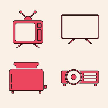 Sunumu, filmi, filmi, medya projektörünü, televizyonu, Akıllı TV 'yi ve tost ikonlu tost makinesini ayarlayın. Vektör