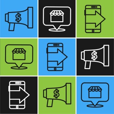 Megafon ve dolar, akıllı telefon, cep telefonu ve online alışveriş konsepti ikonu. Vektör