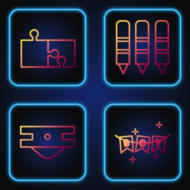 Bayraklı karnaval çelengi, bebek emici bebek bezi, çizim için bir parça yapboz ve balmumu boya. Renk simgeleri. Vektör