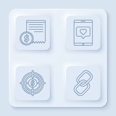 Hattı ayarlayın, çek ve mali kontrol, cep telefonu ve kalpten gibi, dolar ve zincirli hedef. Beyaz kare düğme. Vektör