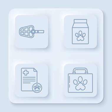 Köpek ağızlığı, evcil hayvan için yiyecek çantası, tıbbi kayıt evcil hayvanı ve evcil hayvan ilk yardım çantasıyla pano ayarla. Beyaz kare düğme. Vektör