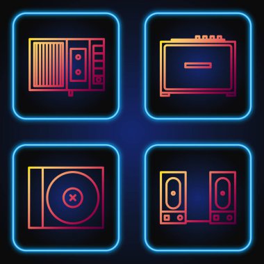 Satır Stereo hoparlörünü, CD veya DVD diskini, müzik teybini ve Gitar yükselticisini ayarla. Renk simgeleri. Vektör