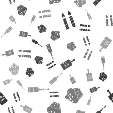 Doğum günü pastası mumları, Kek, viski şişesi ve şampanya şişesini pürüzsüz bir şablona ayarlayın. Vektör