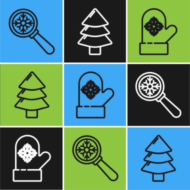 Kar taneli, Noel eldivenli ve Noel ağacı ikonlu çizgi büyüteç. Vektör