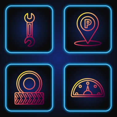 Hız göstergesi, araba tekerleği, İngiliz anahtarı ve park yeri ayarlayın. Renk simgeleri. Vektör