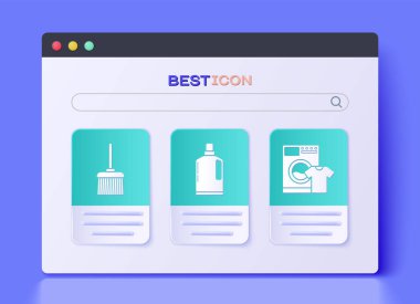 Plastik şişeleri sıvı bulaşık deterjanı, süpürge, çamaşır makinesi ve tişört ikonu olarak ayarla. Vektör