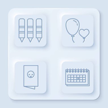 Çizim için Balmumu boya kalemleri, kalp şeklinde balonlar, bebek partisi davetiyeleri, poster ve takvim. Beyaz kare düğme. Vektör