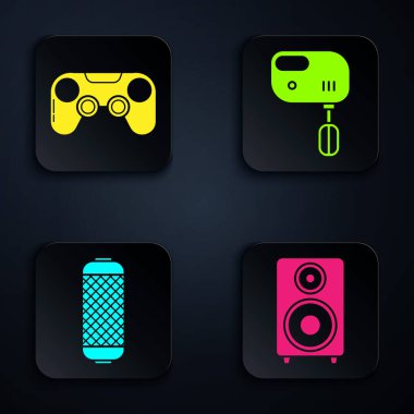 Stereo hoparlörü, Gamepad, Stereo hoparlörü ve elektrik mikseri ayarla. Siyah kare düğme. Vektör