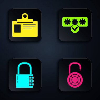 Güvenlik kilidi, kimlik kartı, şifreli kilit ve şifre koruması ve güvenlik erişimi ayarlayın. Siyah kare düğme. Vektör