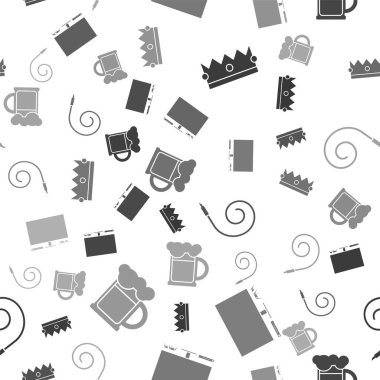 Crown, video oyun konsolu, doğum günü kornası ve tahta bira kupası kusursuz desenli. Vektör