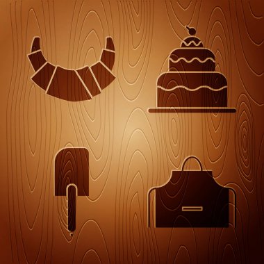 Mutfak önlüğü, kruvasan, Spatula ve Kek 'i tahta zemine yerleştir. Vektör