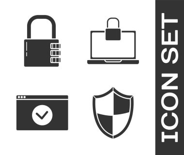 Kalkan 'ı ayarlayın, güvenli şifreli kilit, sitenizi Https, Ssl ve laptop ile güvene alın ve ikonu kilitleyin. Vektör