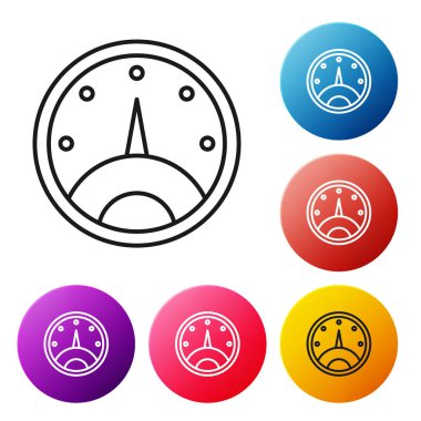 Beyaz arkaplanda siyah çizgi hız göstergesi simgesi izole edildi. Renkli daire düğmelerini ayarlayın. Vektör İllüstrasyonu