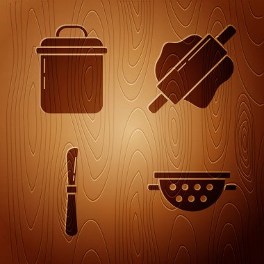 Mutfak kevaşesi, yemek pişirme kabı, bıçak ve tahta arka planda Rolling pin. Vektör