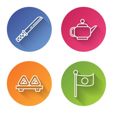 Geleneksel Japon katanası, Japon çay seremonisi, kesim tahtasında suşi ve direkte Japonya bayrağı. Renkli daire düğmesi. Vektör