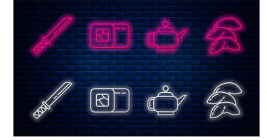 Suşi, Japon çay seremonisi, geleneksel Japon katanası ve Çin fal kurabiyesi. Tuğla duvarda parlayan neon simgesi. Vektör