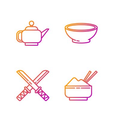 Çubuklu pilav, geleneksel Japon katanası, Japon çay seremonisi ve bir kase sıcak çorba. Renk simgeleri. Vektör