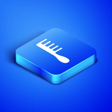 Mavi arkaplanda Isometric Hairbrush simgesi izole edildi. Taraklı saç işareti. Berber sembolü. Mavi kare düğme. Vektör İllüstrasyonu