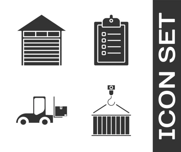 Conjunto Contenedores Grúa Almacén Cerrado Carretilla Elevadora Verificación Lista Entrega — Vector de stock