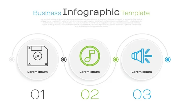 设置行软盘 用于计算机数据存储 音乐笔记 音调和扬声器音量 业务信息模板 — 图库矢量图片