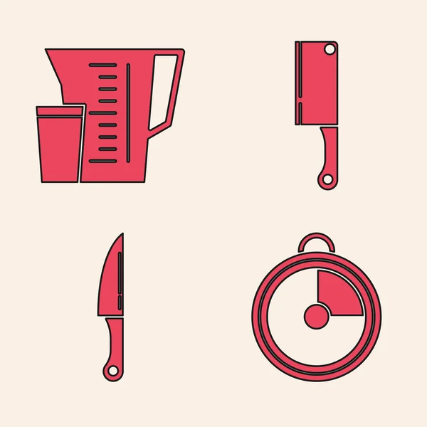 Set Kitchen Timer Measuring Cup Meat Chopper Knife Icon Vector — Stock Vector