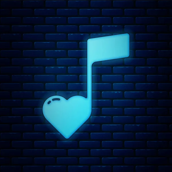 Glowing Neon Music Note Tone Hearts Icon Isolated Brick Wall — 스톡 벡터